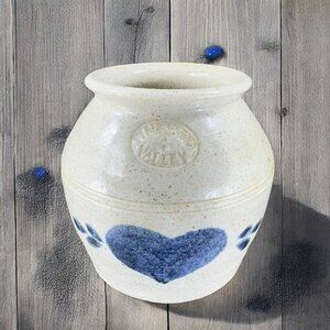 Pinewood Valley Crock Vase Blue Hearts Farmhouse Salt Glaze Pottery Vintage